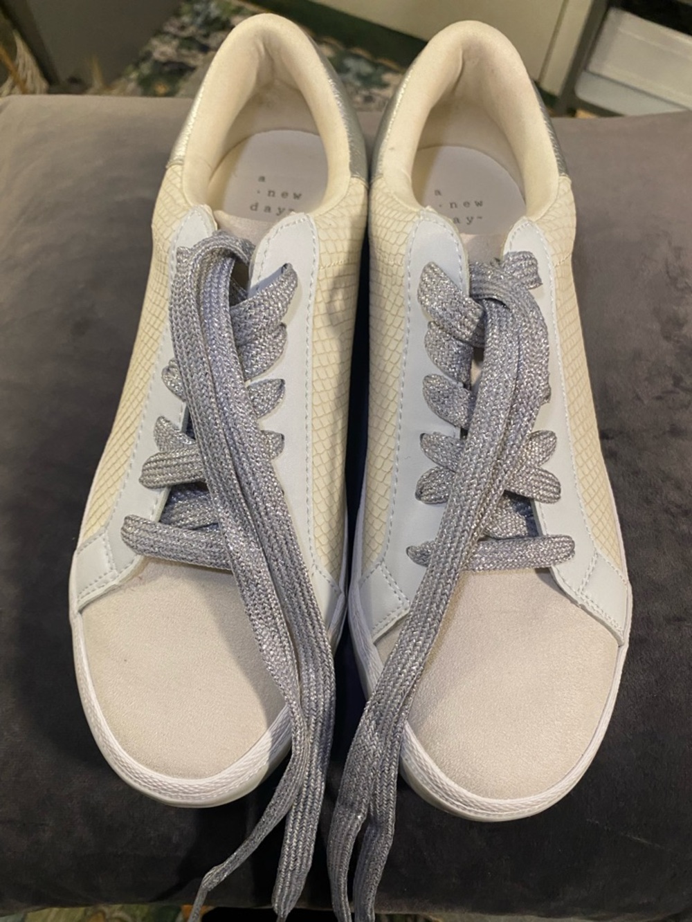 A New Day White Sneakers with Silver Metallic Laces